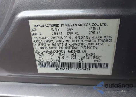 2005 Nissan Maxima 3.5 Sl from USA, damaged, VIN 1N4BA41E05C849421